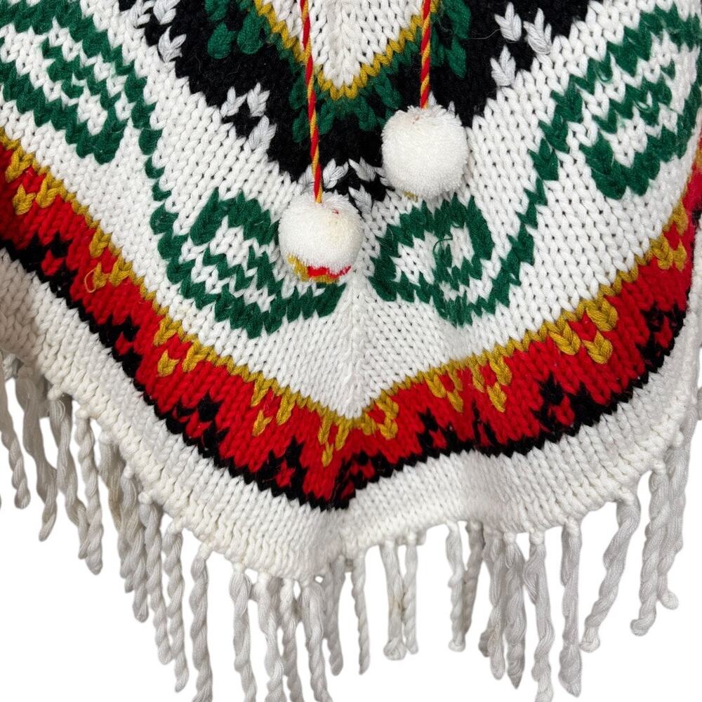 Vintage 1960s Hippie Knit Poncho Fringe Aztec Boho Festival Acrylic Pom Tassel - Picture 4 of 6